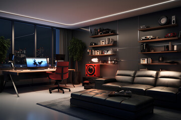 video game editor room, modern minimalist look
