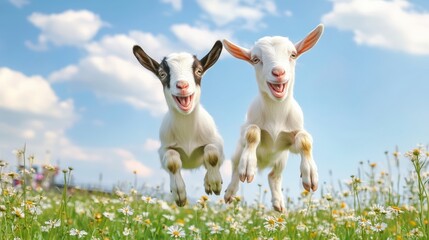 Obraz premium Two white goats are jumping in a field of yellow flowers. Scene is joyful and playful, as the goats seem to be having fun while leaping through the air