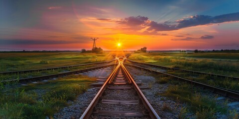Obraz premium Railroad tracks through a rural landscape at sunset. AI.