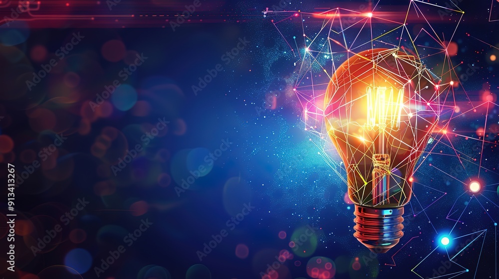 Poster glorious polygon idea light bulb on blockchain technology network hud background