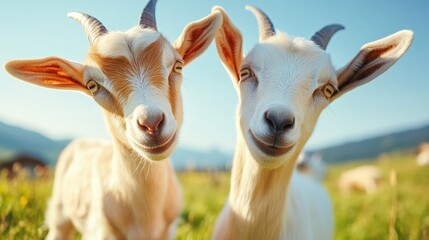Obraz premium Two goats are standing in a field, one of which is smiling. The other goat is looking at the camera