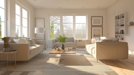 Fototapeta premium Modern villa living room design interior, beige furniture, bright walls, sofa, armchair with lamp