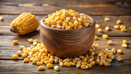 A close-up shot of a wooden cup brimming with vibrant yellow corn kernels, with a few kernels spilling out, highlighting their glossy surface and natural irregularities.