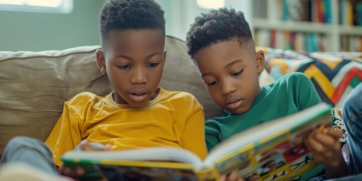 Two young boys sitting on a couch, reading a book together. AI.