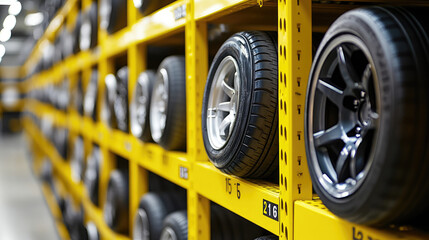 Fototapeta premium A yellow shelf with black numbers and white labels holding tires in an auto parts store