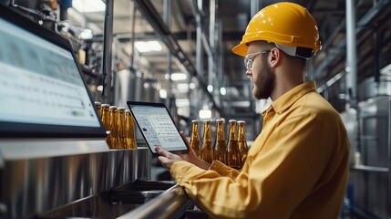 In the concept food industry banner an industrial worker inspects a glass bottles beer production line at a brewery factory using a computer tablet