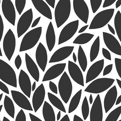 Leaves ornamental texture seamless pattern. Monochromatic black falling leaves top view on white background. Flourish nature summer garden. Hand drawn flat lush vegetation. Raster foliate allover