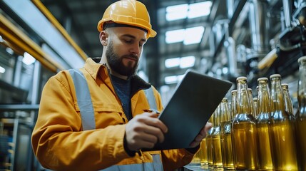 In the concept food industry banner an industrial worker inspects a glass bottles beer production line at a brewery factory using a computer tablet