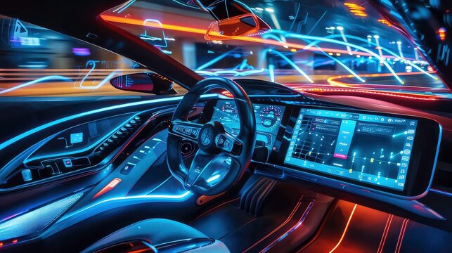 The interior of a modern car at night with glowing lights and a navigation system.