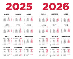 Calendario 2025 2026 en español. Semana comienza el lunes. Sábados y domingos en rojo. Ilustración	
