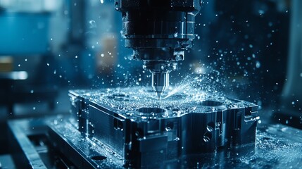 The CNC milling machine performs chamfer cutting on a mold base part using a chamfer tool in a light blue scene demonstrating the mold parts cutting process by a machining center with a