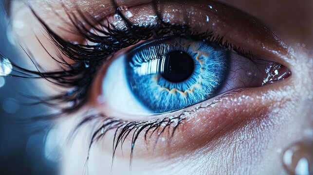 Closeup of a beautiful big eye with long eyelashes and blue iris, adorned with water drops, creating a striking and mesmerizing look.
