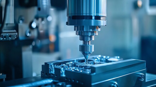 The CNC milling machine performs chamfer cutting on a mold base part using a chamfer tool in a light blue scene demonstrating the mold parts cutting process by a machining center with a