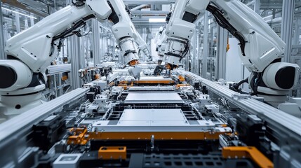 The electric car battery manufacturing line features industrial robot arms assembling lithiumion EV battery packs inside an automotive smart factory with white robotic arms at the