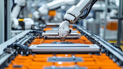 The electric car battery manufacturing line features industrial robot arms assembling lithiumion EV battery packs inside an automotive smart factory with white robotic arms at the