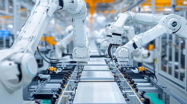 The electric car battery manufacturing line features industrial robot arms assembling lithiumion EV battery packs inside an automotive smart factory with white robotic arms at the