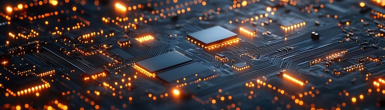 Circuit Board 3D Illustration with Glowing Orange Lights