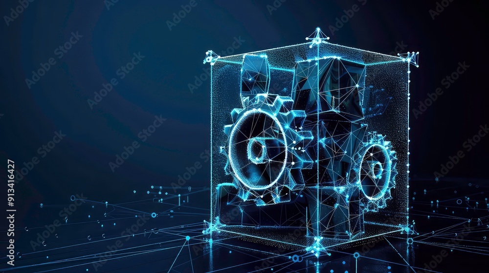 Poster a glowing 3d model of a cube with gears inside, a network of lines and dots surrounding it, on a dar