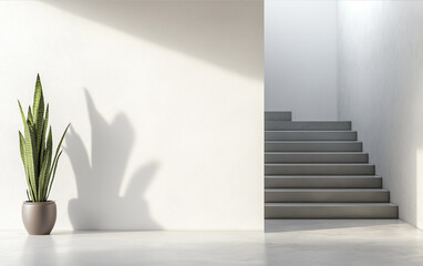 Fototapeta premium Minimal white walls with concrete texture and stairs and flowers in pots