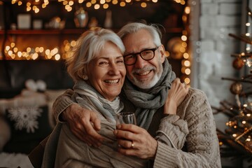 Smiling elderly couple delightedly sharing each others company while enjoying drinks surrounded by festive decorations at home. Merry Christmas, Happy New Year