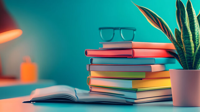 A stack of colorful textbooks and notebooks on a study desk, signifying the variety of subjects and learning materials 