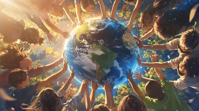 a globe surrounded by diverse children hands that exudes sustainability