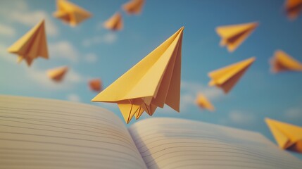 Yellow Paper Airplanes Soaring from an Open Book