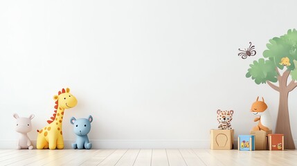 Bright and cheerful kids' room with plush toys, colorful blocks, and playful wall decorations, ideal for children's playtime.