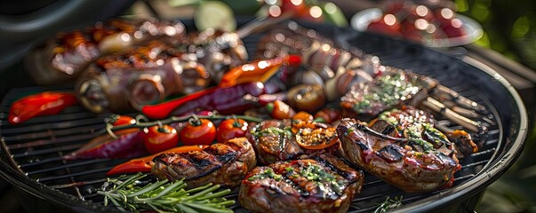 Delicious grilled meat and vegetables on a barbecue, showcasing a colorful assortment of flavors and textures in a beautiful outdoor setting.