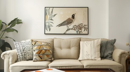 Fototapeta premium Beige Sofa with Bird Artwork and Decorative Pillows in a Modern Living Room