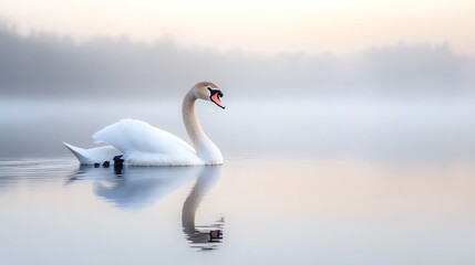 A serene swan gliding gracefully across a misty lake at dawn, creating a tranquil and enchanting atmosphere.