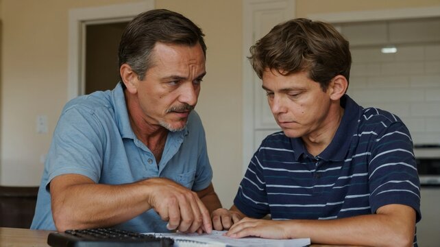 Middleaged father helping teenage son with doing home