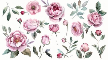 Fototapeta premium A watercolor painting depicting a collection of pink roses and green leaves, with various stages of bloom, some fully open and others still buds, on a white background.