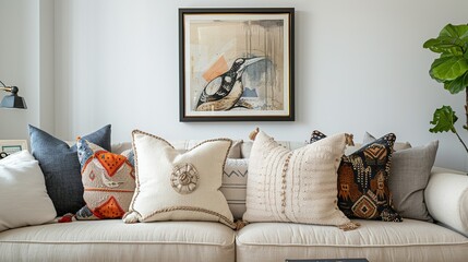 A Couch with Pillows and an Abstract Bird Artwork