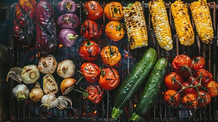 Fototapeta premium A vibrant display of grilled vegetables, showcasing colorful textures and perfect char marks, ideal for healthy meal inspirations.