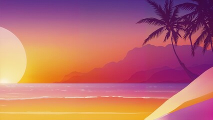 Naklejka premium Beautiful sunset over the ocean with palm trees, ideal for tropical and vacation themes.