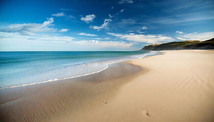 Obraz premium 広い砂浜が広がる海岸。青空の広がる砂浜。A coast with a wide sandy beach. A sandy beach with a blue sky.