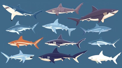 Collection of Colorful Cartoon Sharks Swimming in the Ocean