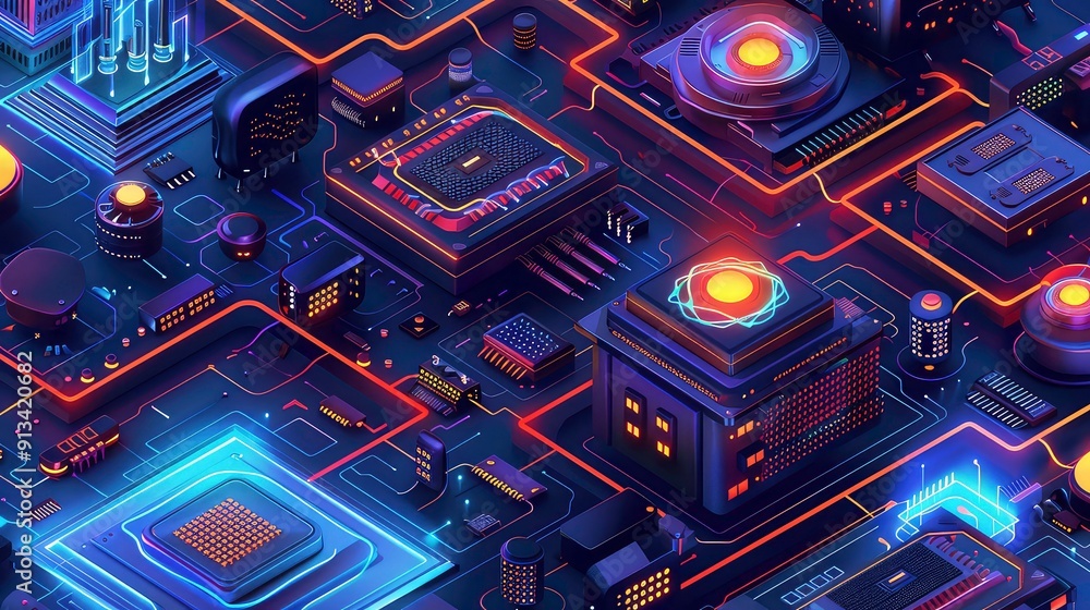 Poster a 3d illustration of a futuristic circuit board with neon lights and glowing components, representin