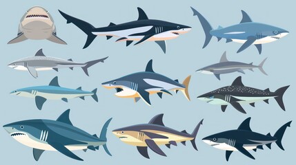 Collection of Various Shark Species in Different Poses