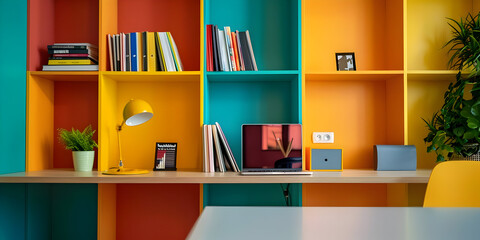 Modern Home Office Interior Design with Colorful Bookshelves, Desk, and Laptop - Photo