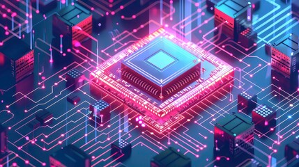 A glowing computer chip sits at the center of a circuit board, surrounded by other components and lines of code.