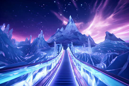 abstract glossy ice mountains on a sunset background Riding on Roller Coaster with blue Neon Lights.