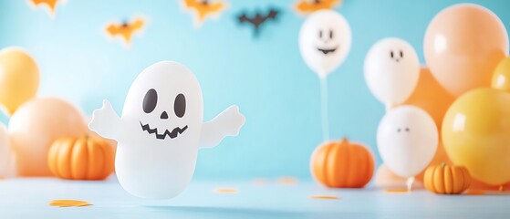 Obraz premium Colorful Halloween decorations featuring ghost balloons, pumpkins, and festive elements, perfect for party inspiration.