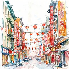 Obraz premium watercolor painting of bustling Chinatown street with lanterns