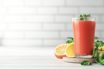Fototapeta premium Refreshing tomato juice garnished with basil and served with lemon slices, perfect for a healthy drink or cocktail recipe.