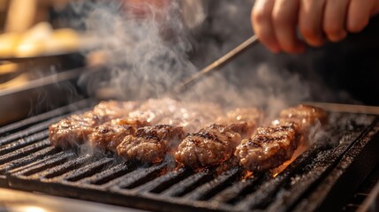 A chef expertly grilling yakiniku meat at a restaurant, focusing on the precise cooking techniques. The image captures the chef's concentration and the sizzling sound of the meat on the grill. The