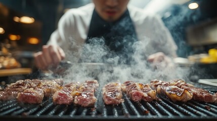 A chef expertly grilling yakiniku meat at a restaurant, focusing on the precise cooking techniques. The image captures the chef's concentration and the sizzling sound of the meat on the grill. The