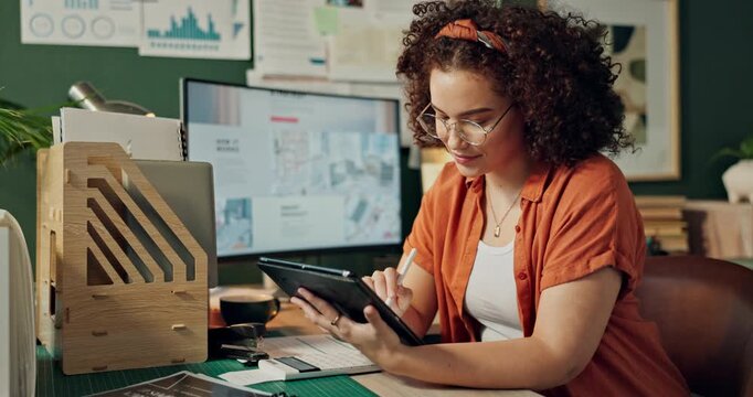 Computer, tablet and woman in office for web design with planning user interface, online site and programming. Developer, creative agency and person with digital tech for website, template and ideas