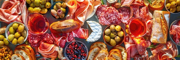 Fototapeta premium Charcuterie and Cheese Platter with Wine Olives and Appetizers Overhead View Selection of Sandwiches Jamon Blue Cheese Glasses of Rose and Red Wine on a Stylish Display Tasty Mediterranean
